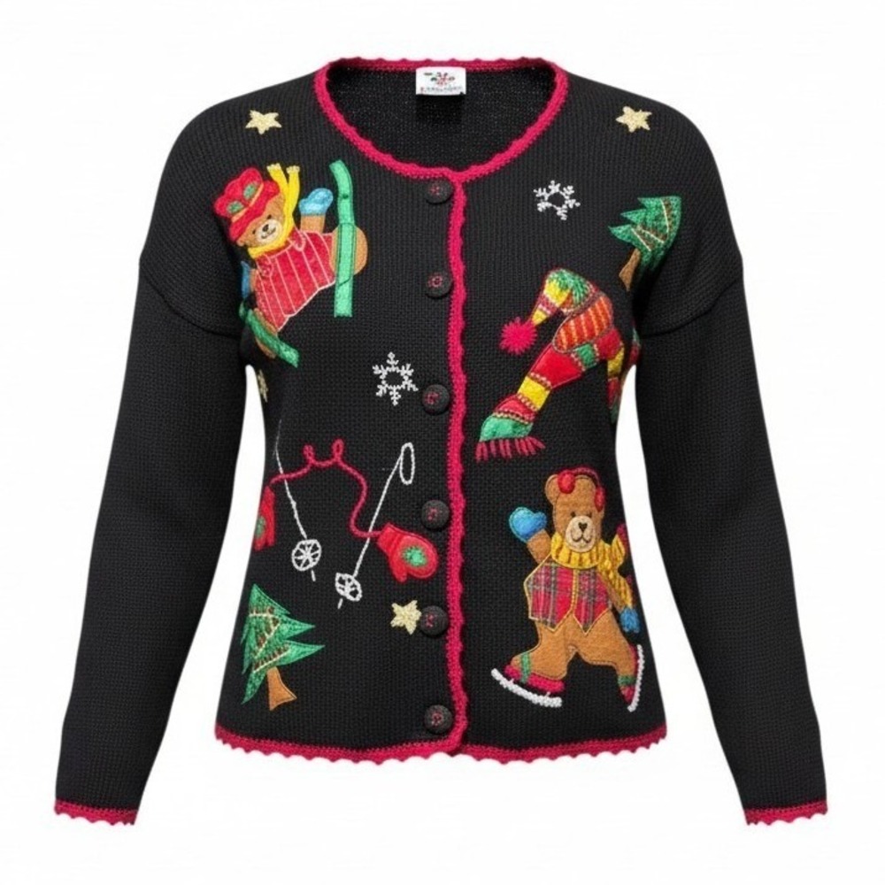 NutCracker Vintage Christmas Bear‎ Cardigan Womens XL Black Ramie Cotton Knit